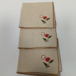 Vintage Linen Hand Painted Cherry Motif Tan Gold Border Set 3